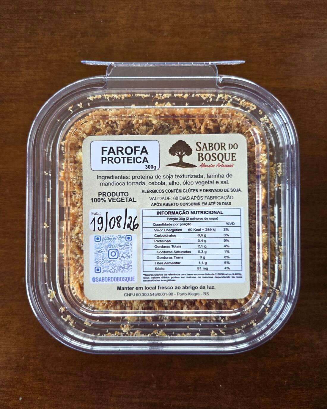 Pote de farofa proteica de 300 gramas da Sabor do Bosque